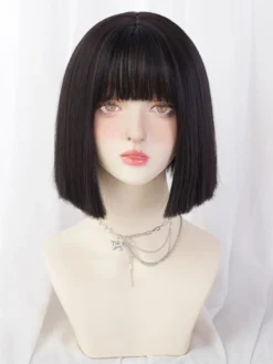 Perruque Mignonne Courte Frange Noir Accessoires Lolita
