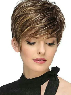 Perruques Synthétiques Femme Courtes Frisés Marron avec Franges Bicolores Invisible Perruque Synthétique Femme