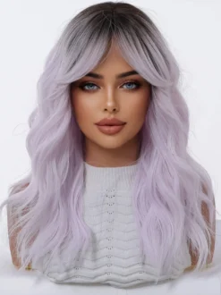 Perruque synthétique longue ondulée à racines foncées ombrées avec frange rideau couleur pastel.