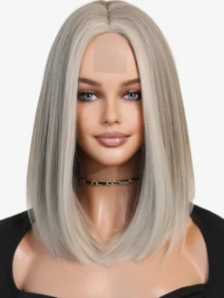 Perruque synthétique mi-longue à cheveux raides et méchés avec dentelle frontale pour femme 2026