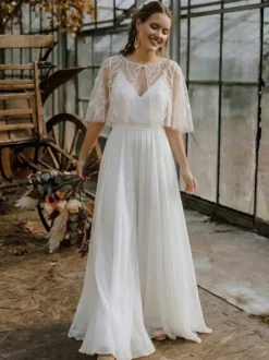 2 pièces combinaison mariage civil robe de mariée bohème en mousseline décolleté travaillé coupe trapèze longueur thé fermeture éclair manches courtes