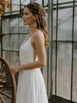 2 pièces combinaison mariage civil robe de mariée bohème en mousseline décolleté travaillé coupe trapèze longueur thé fermeture éclair manches courtes