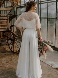2 pièces combinaison mariage civil robe de mariée bohème en mousseline décolleté travaillé coupe trapèze longueur thé fermeture éclair manches courtes