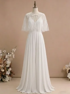 2 pièces combinaison mariage civil robe de mariée bohème en mousseline décolleté travaillé coupe trapèze longueur thé fermeture éclair manches courtes