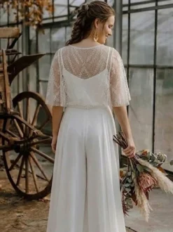 2 pièces combinaison mariage civil robe de mariée bohème en mousseline décolleté travaillé coupe trapèze longueur thé fermeture éclair manches courtes