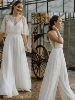 2 pièces combinaison mariage civil robe de mariée bohème en mousseline décolleté travaillé coupe trapèze longueur thé fermeture éclair manches courtes