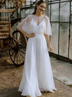 2 pièces combinaison mariage civil robe de mariée bohème en mousseline décolleté travaillé coupe trapèze longueur thé fermeture éclair manches courtes