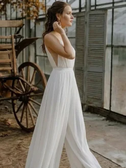 2 pièces combinaison mariage civil robe de mariée bohème en mousseline décolleté travaillé coupe trapèze longueur thé fermeture éclair manches courtes