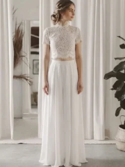 2 pièces tailleur-pantalon robe de mariée civil en mousseline col bijou longueur au sol fermeture éclair manches courtes