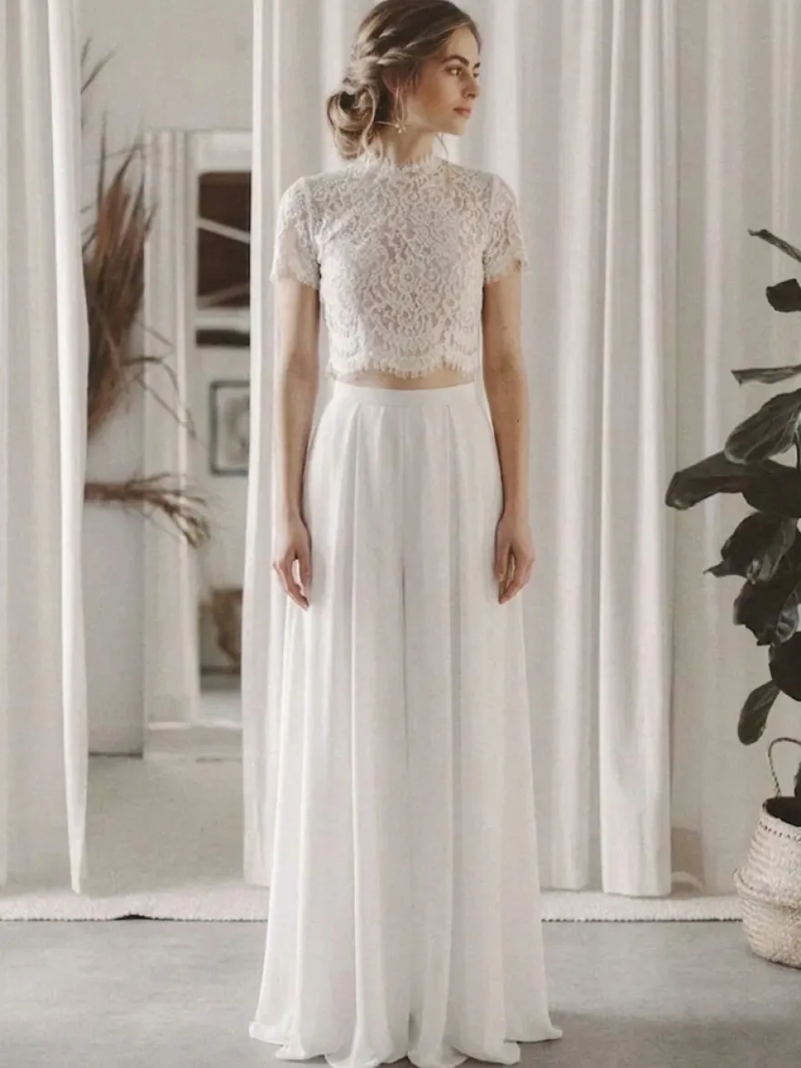 2 pièces tailleur-pantalon robe de mariée civil en mousseline col bijou longueur au sol fermeture éclair manches courtes