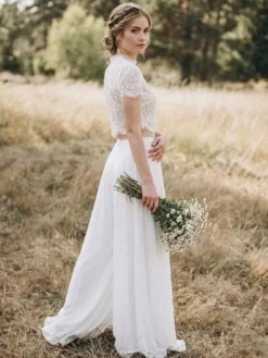 2 pièces tailleur-pantalon robe de mariée civil en mousseline col bijou longueur au sol fermeture éclair manches courtes