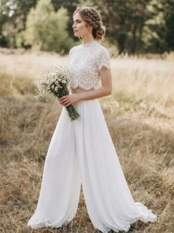 2 pièces tailleur-pantalon robe de mariée civil en mousseline col bijou longueur au sol fermeture éclair manches courtes