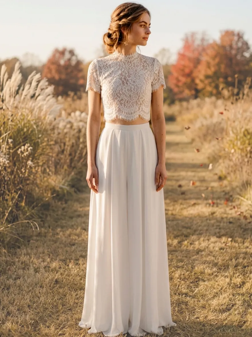 2 pièces tailleur-pantalon robe de mariée civil en mousseline col bijou longueur au sol fermeture éclair manches courtes