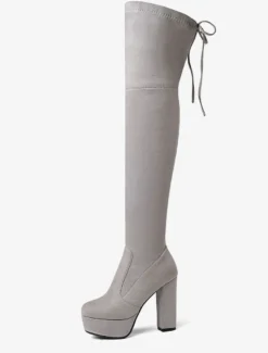 Plate-forme cuissardes femmes tissu élastique à lacets bout en amande talon épais sur les bottes au genou