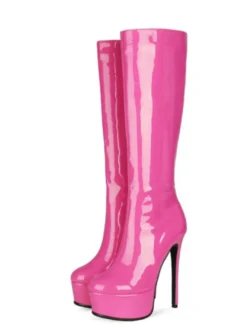 Plate-forme pour femmes talon aiguille bottes hautes en cuir verni