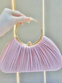 Pochette de soirée élégante en satin plissé forme coquillage anse en métal
