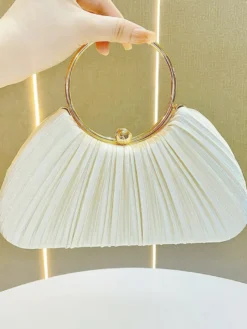 Pochette de soirée élégante en satin plissé forme coquillage anse en métal
