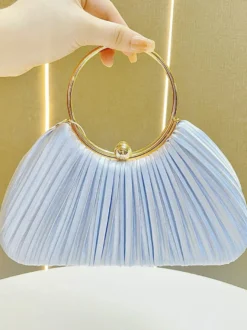 Pochette de soirée élégante en satin plissé forme coquillage anse en métal