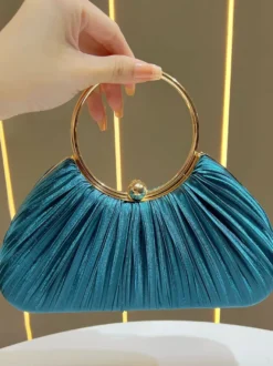 Pochette de soirée élégante en satin plissé forme coquillage anse en métal