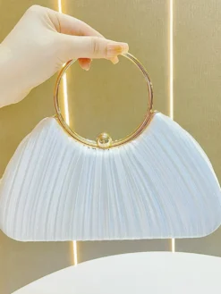 Pochette de soirée élégante en satin plissé forme coquillage anse en métal