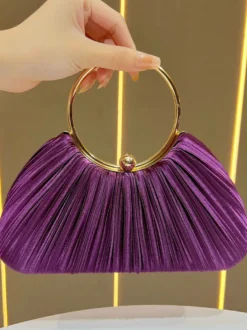 Pochette de soirée élégante en satin plissé forme coquillage anse en métal
