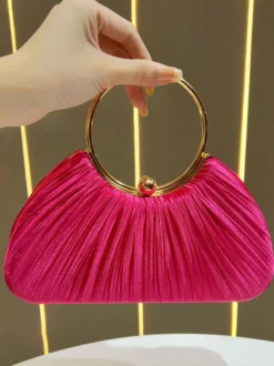 Pochette de soirée élégante en satin plissé forme coquillage anse en métal