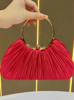 Pochette de soirée élégante en satin plissé forme coquillage anse en métal