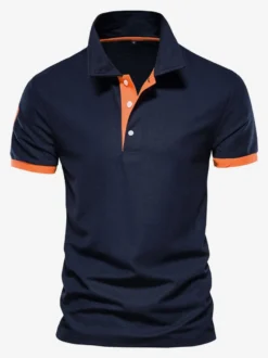 Polo Homme Col Rabattu Manches Courtes Boutons Classique Bleu Marine Foncé Chic
