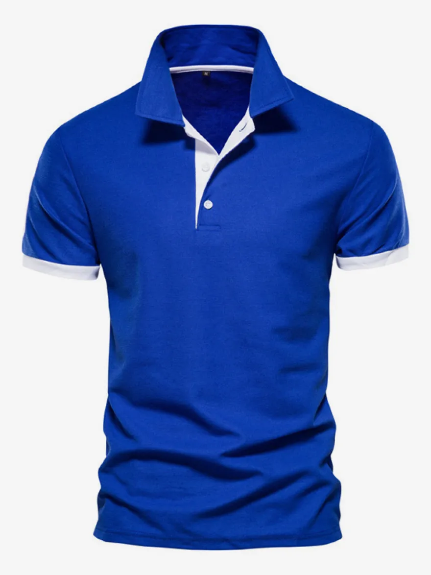Polo Homme Col Rabattu Manches Courtes Boutons Classique Bleu Marine Foncé Chic
