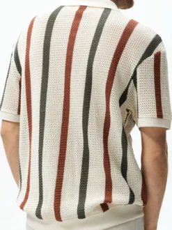 Polo Homme Tricoté Col Rabattu Manches Courtes Boutons Vintage Beige Chic
