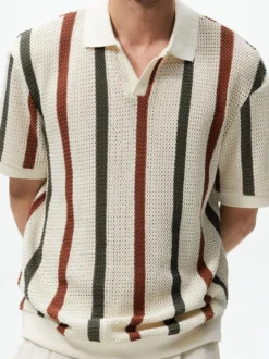 Polo Homme Tricoté Col Rabattu Manches Courtes Boutons Vintage Beige Chic