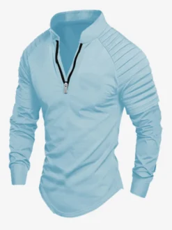 Polo pour homme à col en V et manches longues avec fermeture éclair coupe standard gris jolis polos