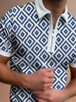 Polo Shirt Hommes à manches courtes à glissière bleu Polo Shirts Carreau
