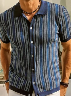 Polo T-Shirt À Revers Homme Rayé Manches Courtes Simple Boutonnage Décontracté
