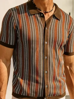 Polo T-Shirt À Revers Homme Rayé Manches Courtes Simple Boutonnage Décontracté