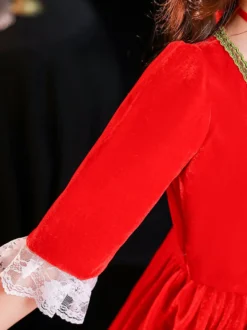 Polyester Fiber Tea Party Dentelle Manches 3/4 Polyester Robe Gothique Rouge Enfants 'Lolita Robes