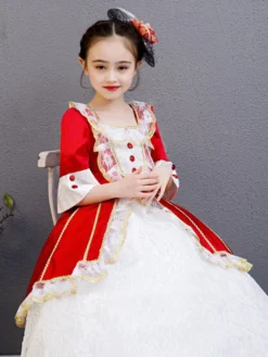Polyester Fibre Tea Party Dentelle Manches 3/4 Polyester Combinaison ROCOCO Style Rouge Enfants 'Lolita Robes