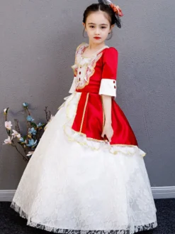 Polyester Fibre Tea Party Dentelle Manches 3/4 Polyester Combinaison ROCOCO Style Rouge Enfants 'Lolita Robes