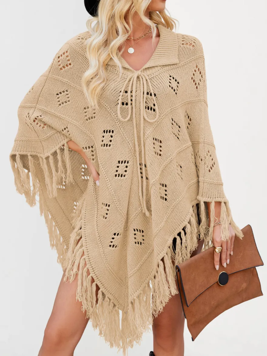 Poncho/châle/cape de plage oversize à franges et pompons en maille losange ajourée cordon de serrage cape