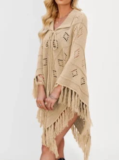 Poncho/châle/cape de plage oversize à franges et pompons en maille losange ajourée cordon de serrage cape