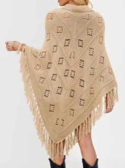 Poncho/châle/cape de plage oversize à franges et pompons en maille losange ajourée cordon de serrage cape