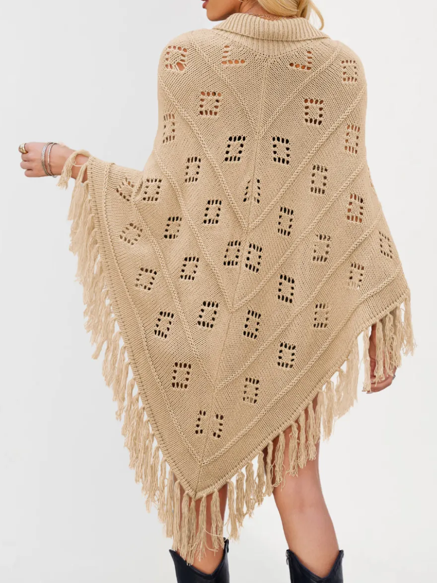 Poncho/châle/cape de plage oversize à franges et pompons en maille losange ajourée cordon de serrage cape