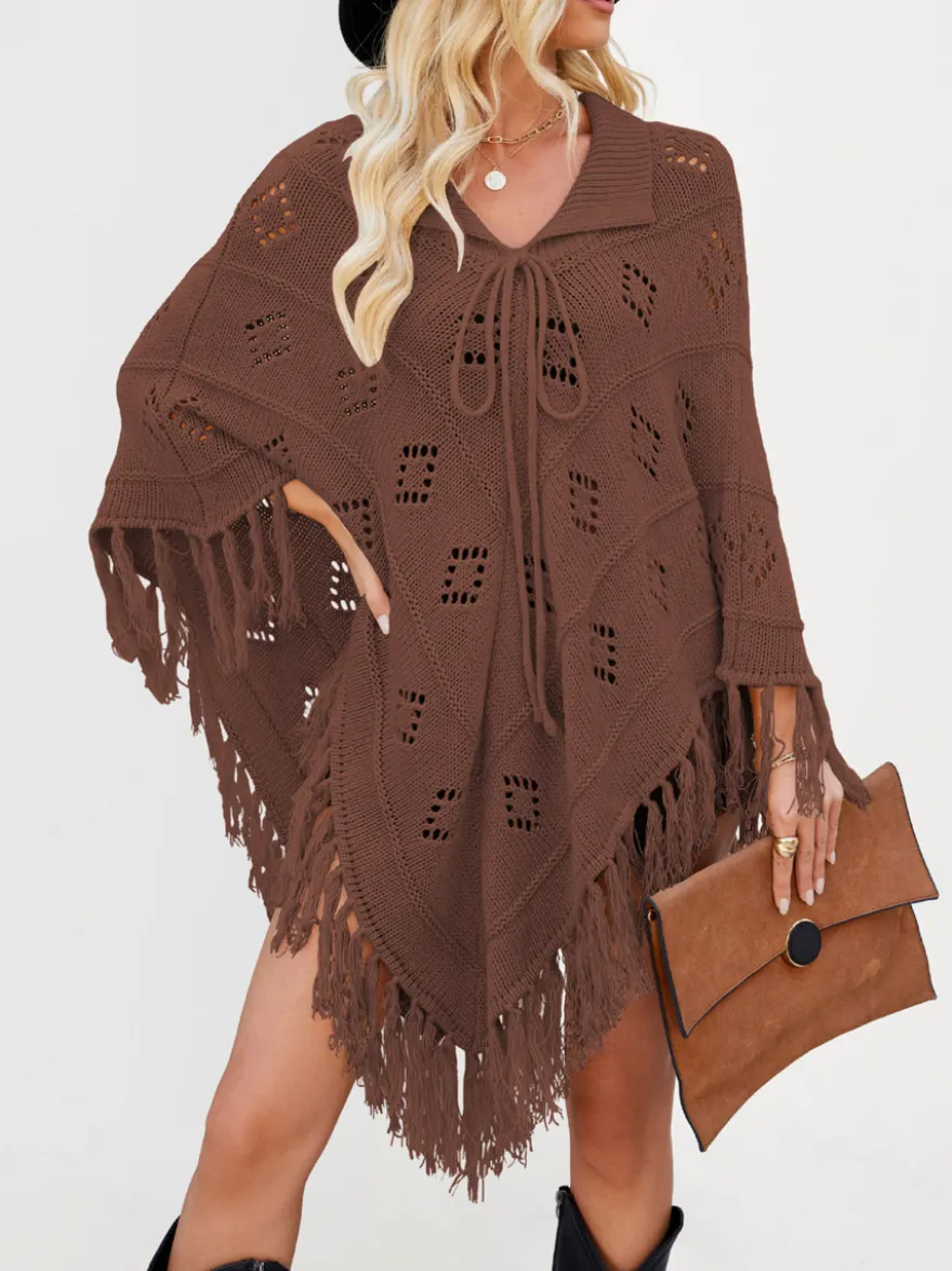 Poncho/châle/cape de plage oversize à franges et pompons en maille losange ajourée cordon de serrage cape