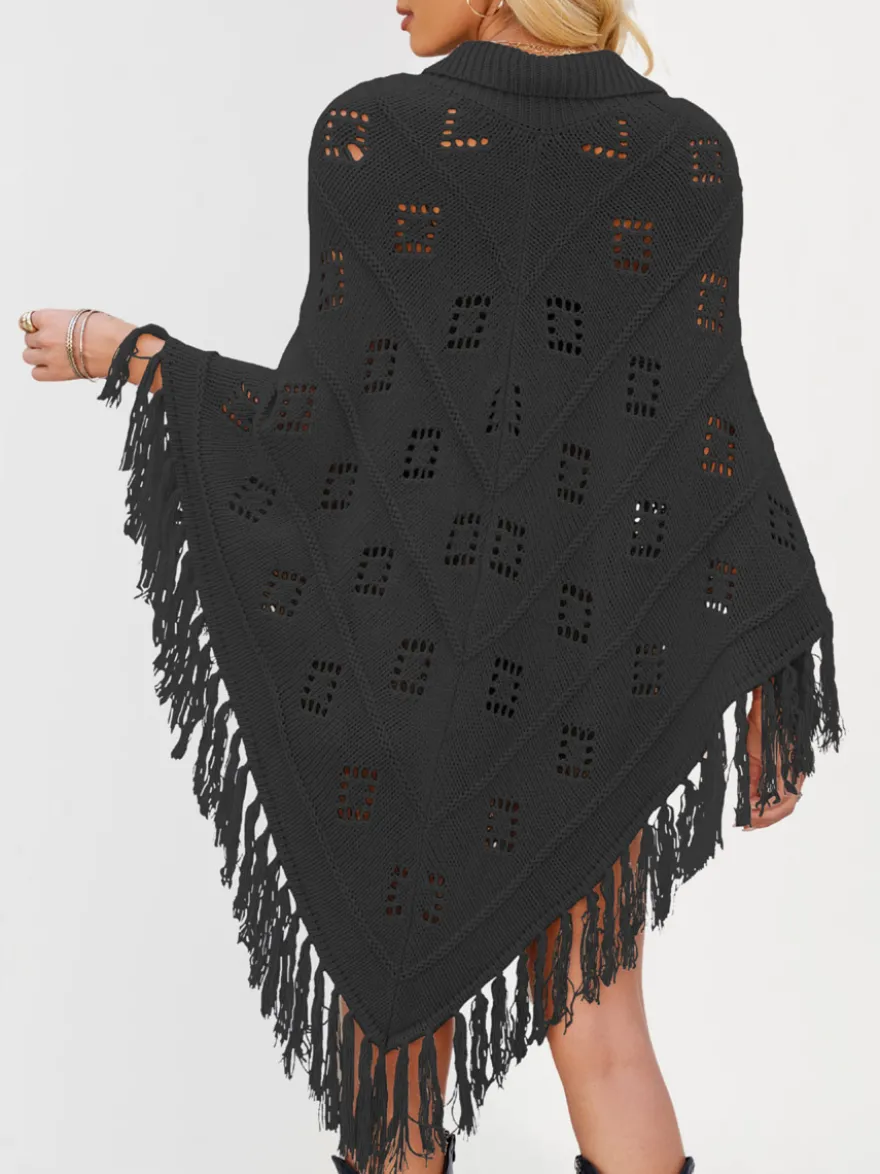 Poncho/châle/cape de plage oversize à franges et pompons en maille losange ajourée cordon de serrage cape