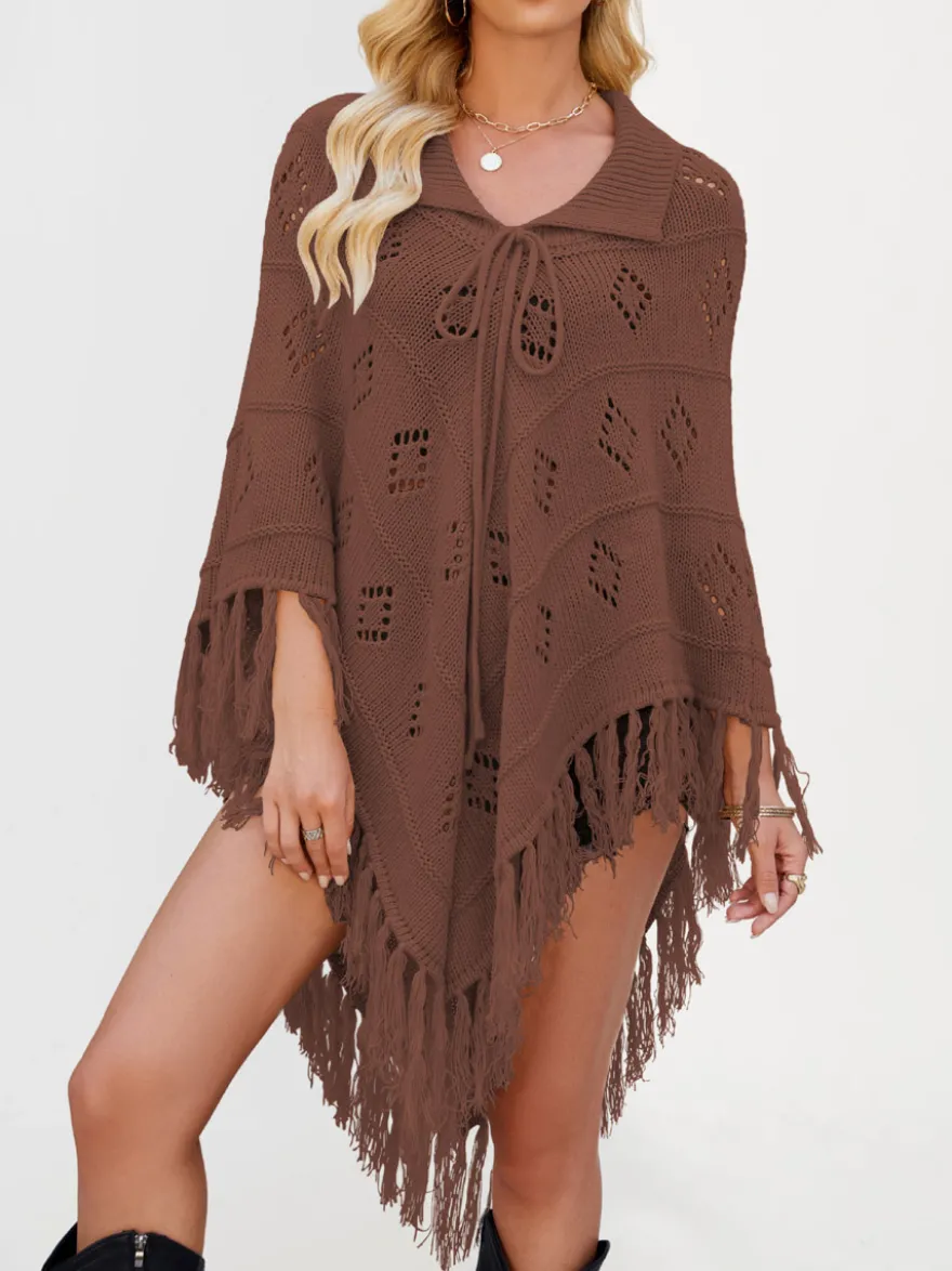 Poncho/châle/cape de plage oversize à franges et pompons en maille losange ajourée cordon de serrage cape