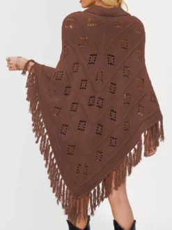 Poncho/châle/cape de plage oversize à franges et pompons en maille losange ajourée cordon de serrage cape