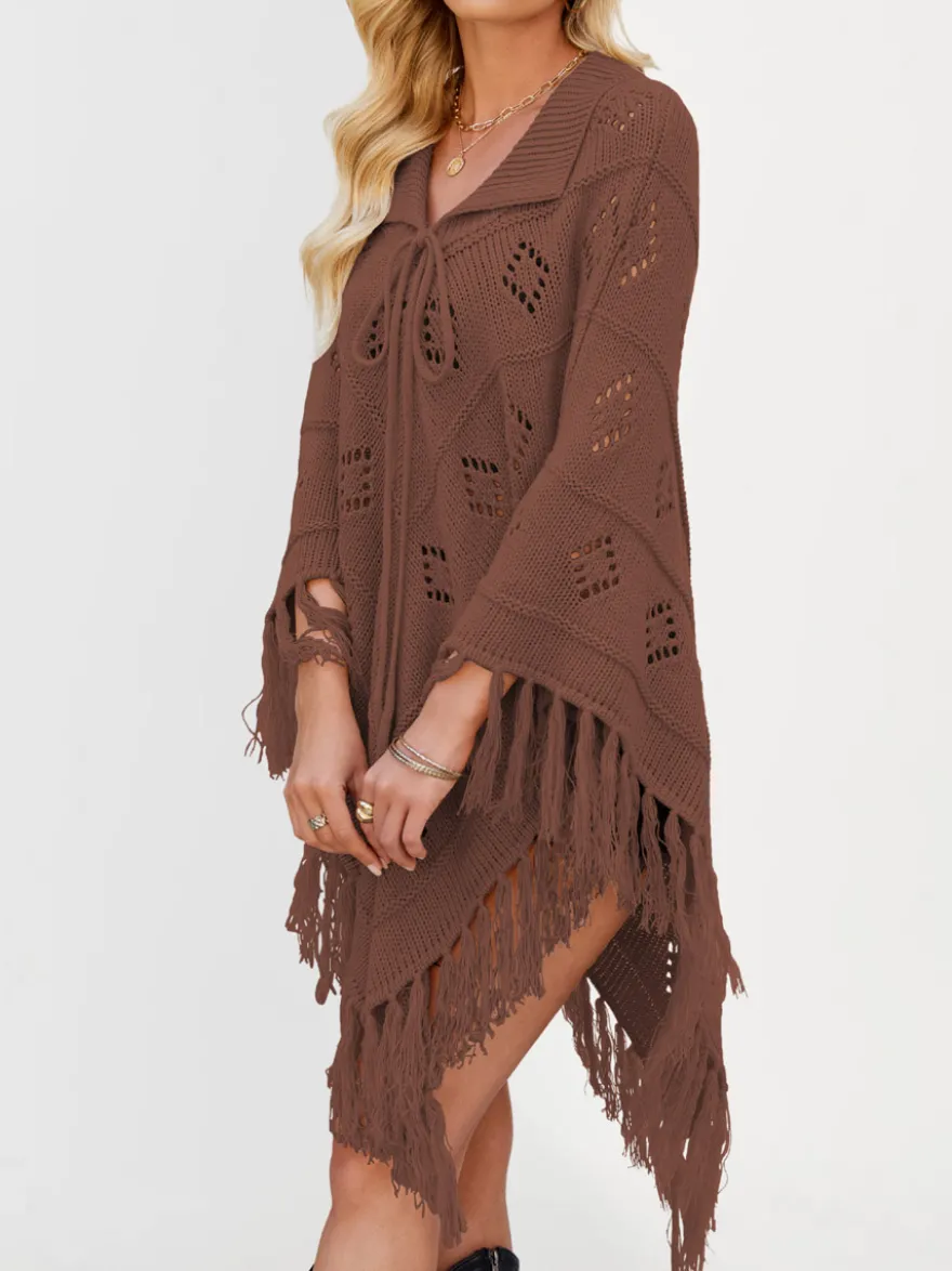 Poncho/châle/cape de plage oversize à franges et pompons en maille losange ajourée cordon de serrage cape