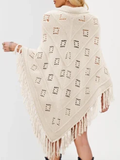 Poncho/châle/cape de plage oversize à franges et pompons en maille losange ajourée cordon de serrage cape