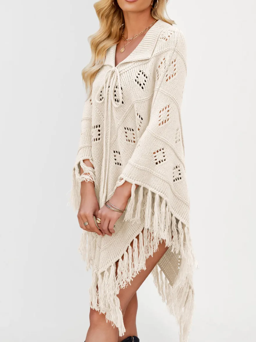 Poncho/châle/cape de plage oversize à franges et pompons en maille losange ajourée cordon de serrage cape