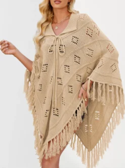 Poncho/châle/cape de plage oversize à franges et pompons en maille losange ajourée cordon de serrage cape